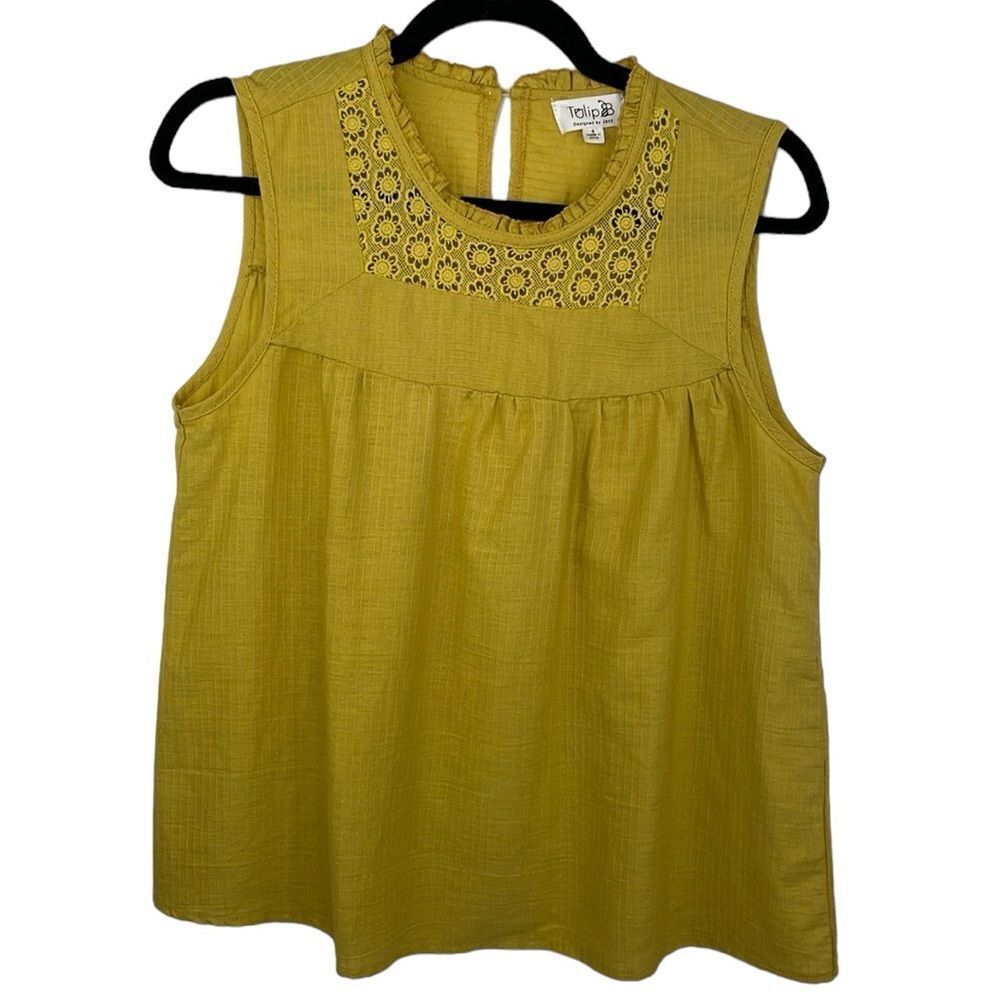 Tulip B Women’s cotton mustard sleeveless top embroidered detail size small